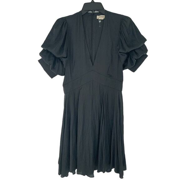 ZADIG & VOLTAIRE Satin Dress Size Small Black V-Neck Puff Sleeves Empire Waist - Picture 5 of 11